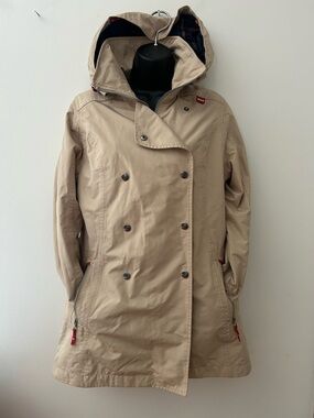 Helly Hansen Beige Hooded Double-Breasted Trench Coat with Red Zip Accents